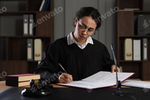 Preview: Judge working with document at desk indoors