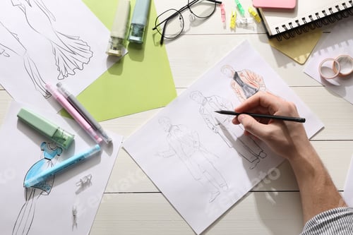 Preview: Fashion designer drawing sketch of outfits at white wooden desk, top view
