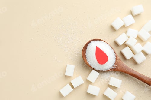 Preview: Control sugar level, diabetes prevention. Paper blood drop, sugar and spoon on beige background, fla