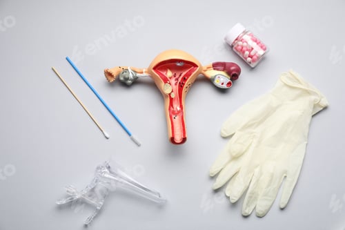 Preview: Model of female reproductive system, gynecology set and medical bottle of pills on grey background,