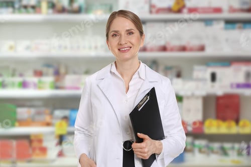 Preview: Pharmacist holding clipboard against shelves with medicaments in drugstore