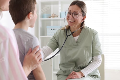 Preview: Mother with her little son having appointment with doctor in hospital, closeup. Nurse checking child
