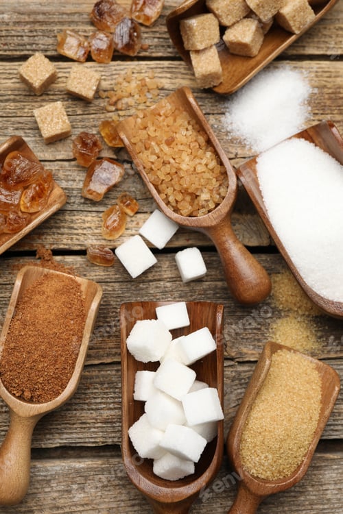 Preview: Different types of sugar in scoops on wooden table, flat lay