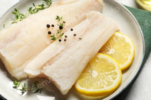 Preview: Plate with raw cod fish, spices, microgreens and lemon on grey table, closeup