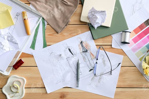 Preview: Fashion designer's workplace with sketch of outfits on wooden table, flat lay