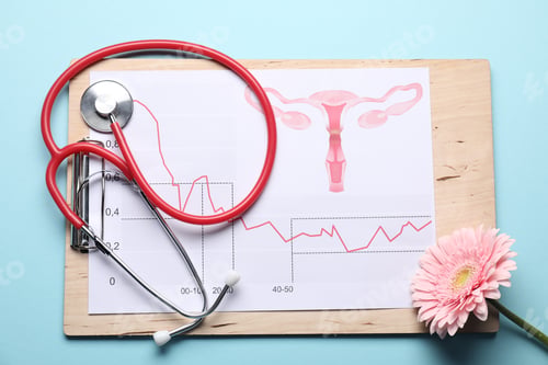 Preview: Gynecology. Sheet of paper with female reproductive system, hormone level graph, stethoscope and ger