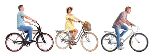 Preview: People riding bicycles on white background, collage of photos