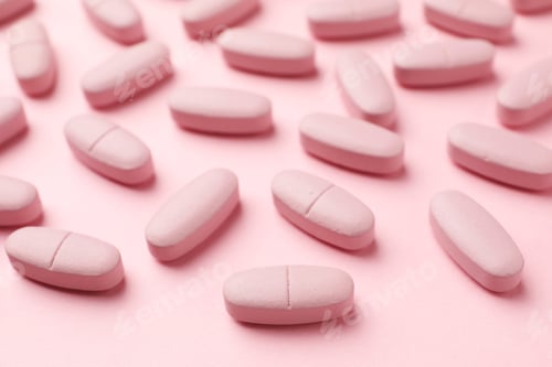 Preview: Many pills on pink background, closeup view