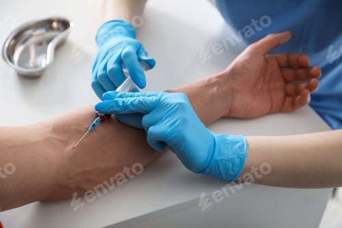 Preview: Nurse drawing man's blood sample in clinic, closeup