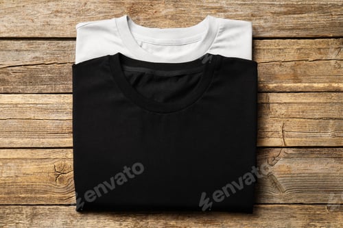 Preview: Blank folded t-shirts on wooden background, top view. Mockup for design