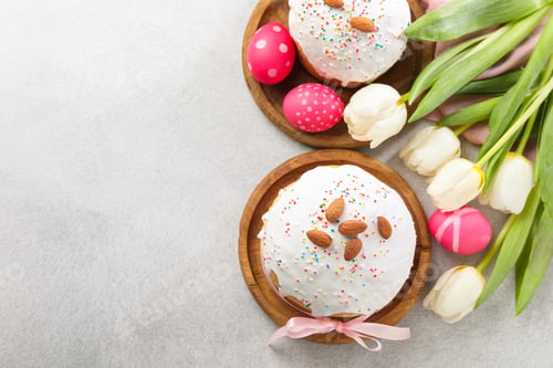 Preview: Tasty Easter cake, painted eggs and tulips on light grey table, flat lay. Space for text