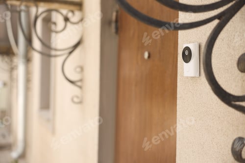 Preview: Modern intercom system on house outdoors, closeup