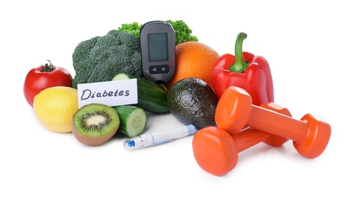 Preview: Diabetes control. Fresh products, digital glucometer, lancet pen and dumbbells isolated on white