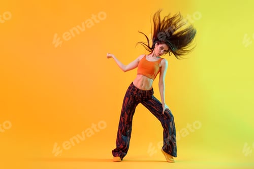 Preview: Young woman performing hip-hop dance on color background, space for text