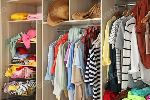 Preview: Many different messy clothes in wardrobe indoors