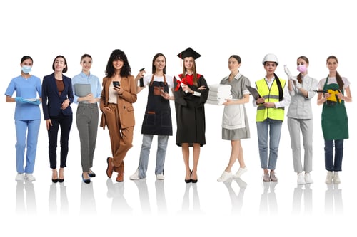 Preview: Choice of profession. Graduate student and women of various occupations on white background