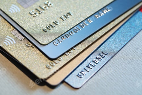 Preview: Many credit cards on gray background, closeup view