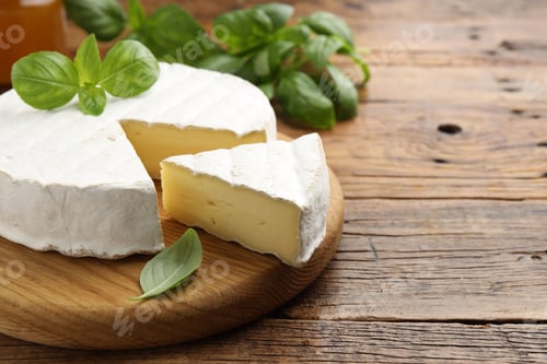 Preview: Cut delicious brie cheese and basil on wooden table, closeup. Space for text
