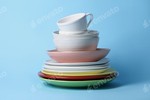 Preview: Clean dishes and cups on light blue background