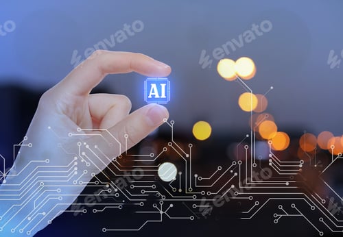 Preview: Woman holding virtual AI chip against blurred background, closeup. Circuit pattern. Artificial intel