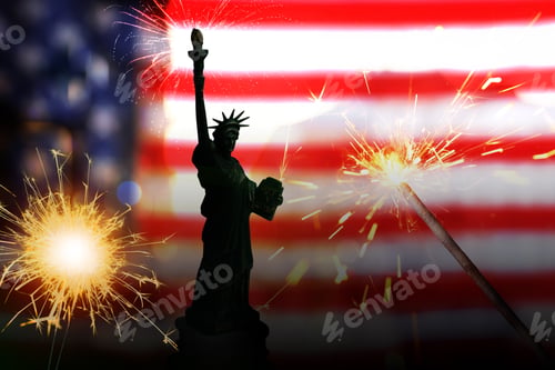 Preview: Statue of Liberty, firework and burning sparklers against flag of USA. Greeting card or poster desig