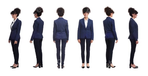 Preview: Beautiful woman in stylish suit on white background, collage. View from different sides