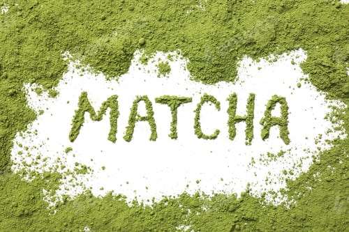 Preview: Word Matcha made of green powder isolated on white, top view