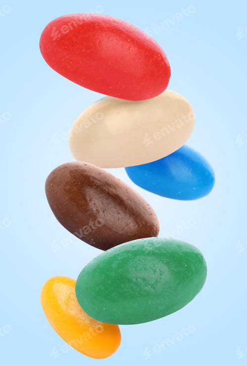 Preview: Sweet jelly beans falling against light blue background