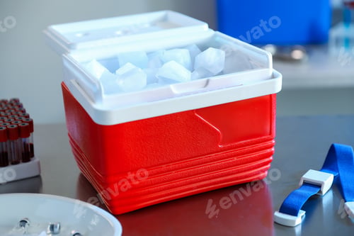 Preview: Cool box with ice cubes, test tubes of blood samples and medical tourniquet on table in clinic, clos