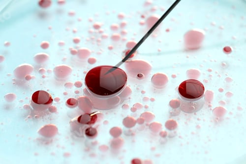 Preview: In vitro fertilization. Needle and liquid sample on light blue background, closeup