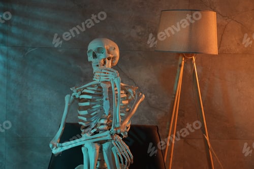 Preview: Waiting concept. Human skeleton sitting in armchair indoors