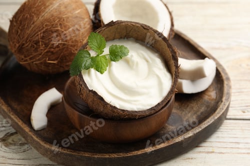 Preview: Tasty coconut yogurt with melissa leaves in shell and nuts on white wooden table, closeup