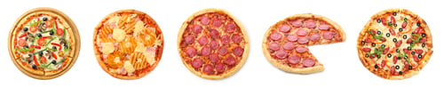 Preview: Variety of tasty pizzas isolated on white, set