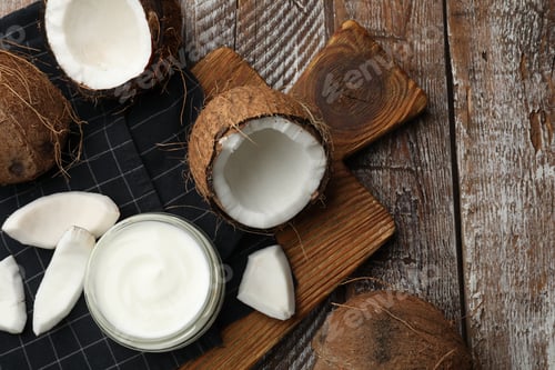 Preview: Delicious coconut yogurt in glass jar and fruits on wooden table, flat lay. Space for text