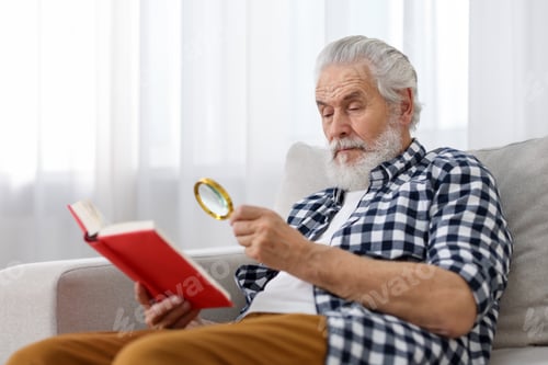 Preview: Senior man using magnifying glass while reading book on sofa indoors