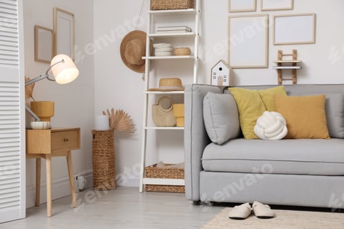 Preview: Stylish modular sofa and other furniture in room. Interior design
