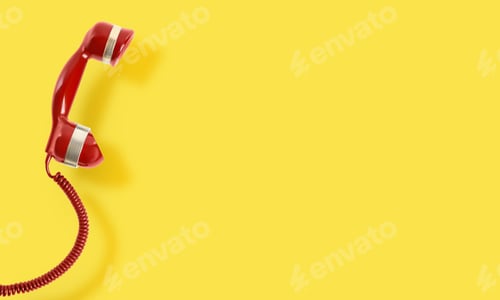 Preview: Red telephone handset on yellow background, banner design with space for text. Hotline concept