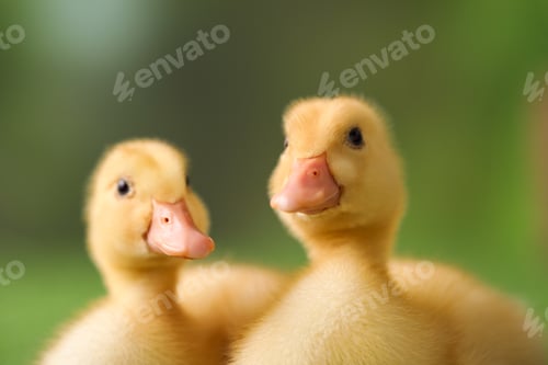 Preview: Cute fluffy ducklings on artificial grass, closeup. Baby animals