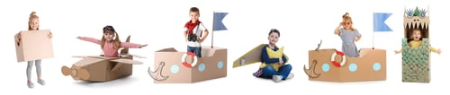 Preview: Children playing with cardboard toys. Collection of portraits on white background