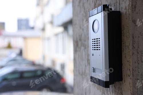 Preview: Modern intercom system on textured wall outdoors, closeup. Space for text