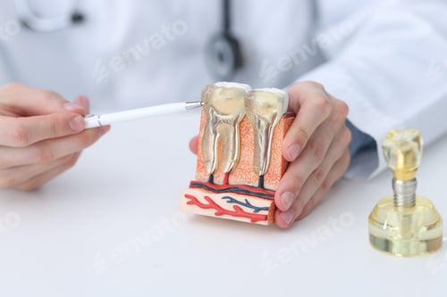 Preview: Dentist showing teeth model at white desk indoors, closeup