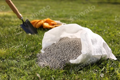 Preview: Granulated fertilizer in sack on green grass outdoors, closeup. Space for text