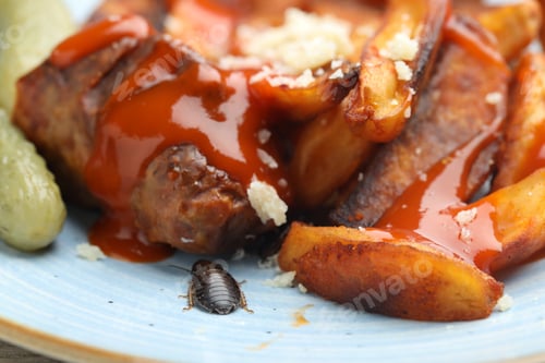 Preview: Plate with cockroach and potato wedges on table, closeup
