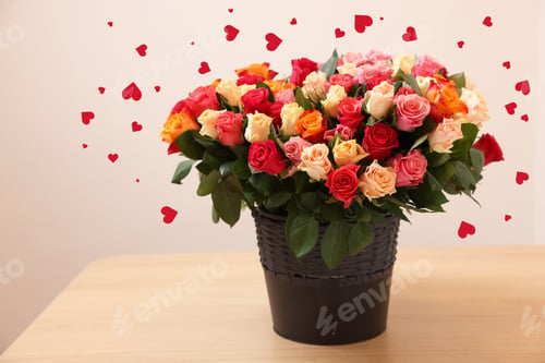 Preview: Bouquet of beautiful roses and hearts on romantic greeting card