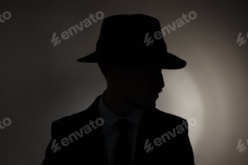 Preview: Silhouette of man in hat on dark background