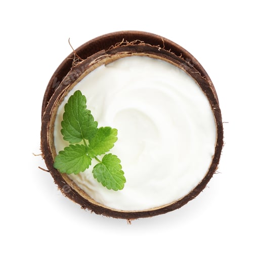 Preview: Tasty coconut yogurt with melissa leaves in shell isolated on white, top view