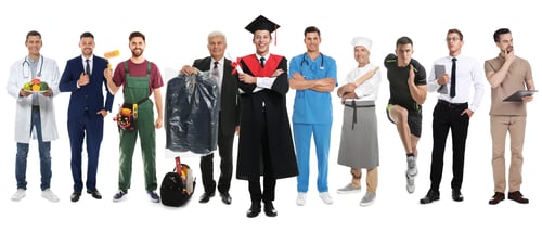 Preview: Graduate student and men of various occupations on white background. Choice of profession