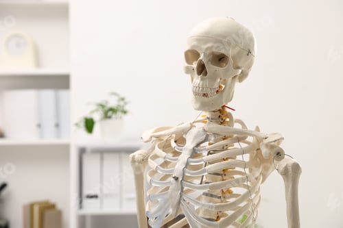 Preview: Human skeleton model in classroom, closeup. Space for text