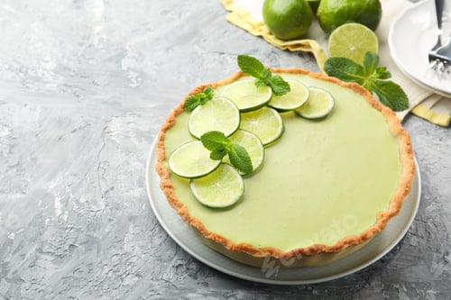 Preview: Tasty lime pie with fruit slices and mint leaves on grey textured table, closeup. Space for text