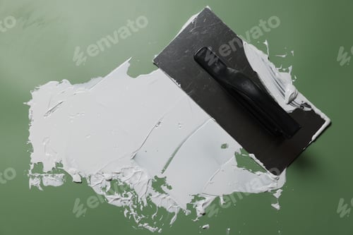 Preview: Finishing trowel and smear of plaster on green background, top view